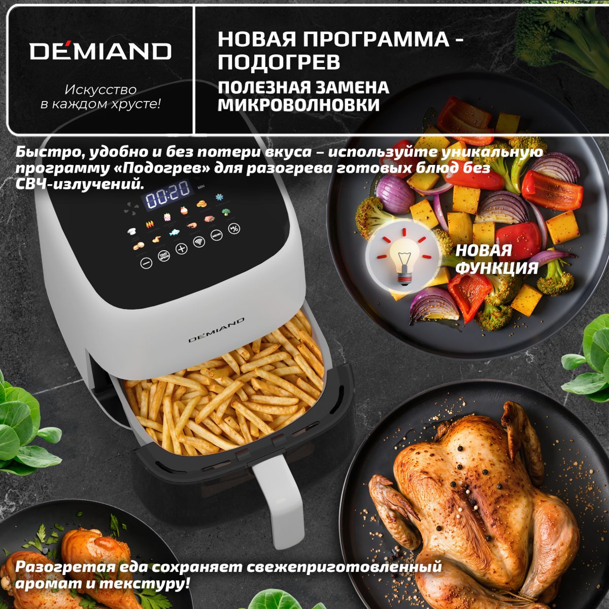 Аэрогриль DEMIAND TARVIN с Wi-Fi, управлением через приложение, с функциями фритюрницы, гриля, духовки, тостера, мини-печи, сенсорная панель управления, съемная решетка, визуальное окно, керамическое покрытие, 12 автоматических программ, разогрев, подсветка, книга рецептов, объем 4,5 литра, 1500Вт, DK-5200/Белый — изображение 12
