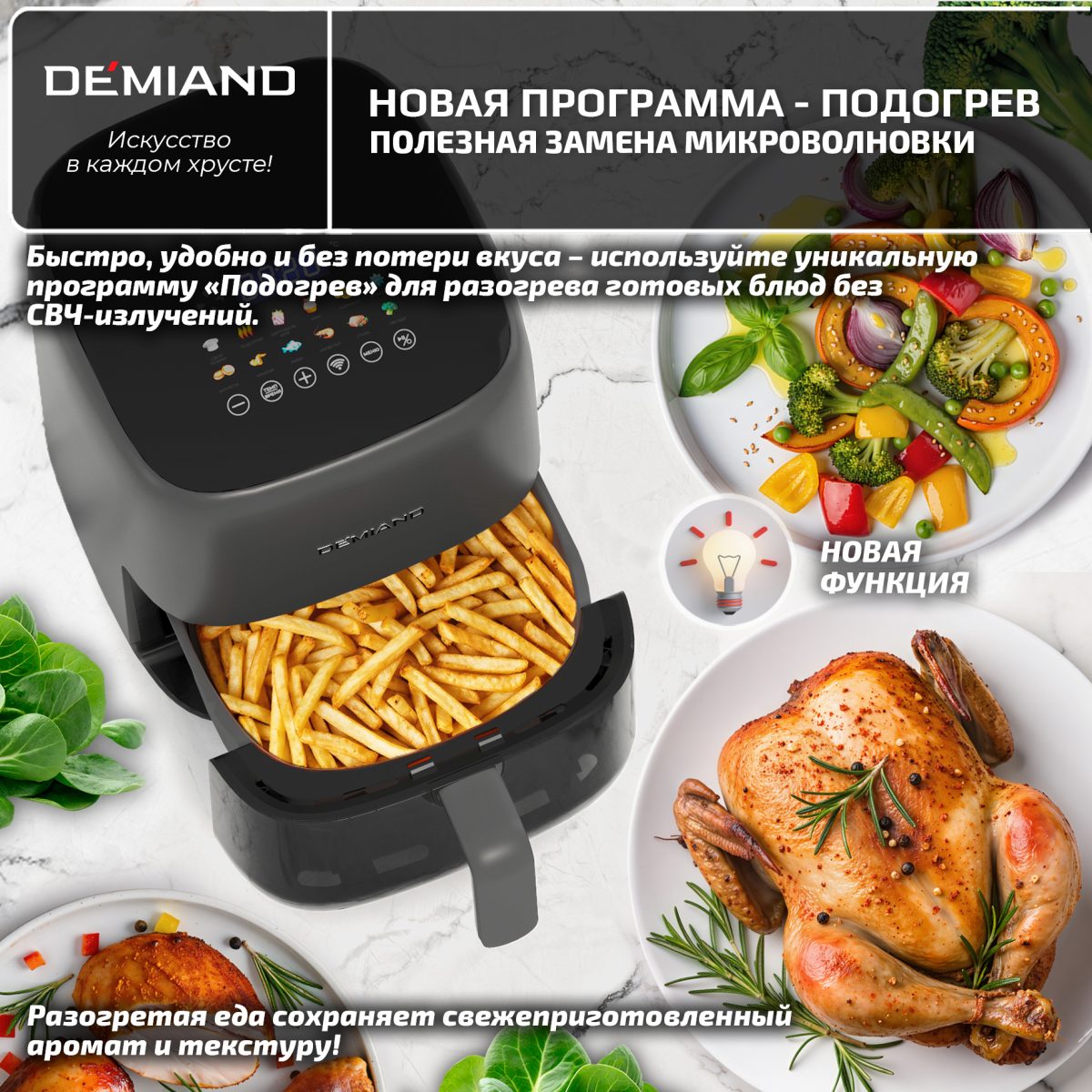 Аэрогриль DEMIAND TARVIN с Wi-Fi, управлением через приложение, с функциями фритюрницы, гриля, духовки, тостера, мини-печи, сенсорная панель управления, съемная решетка, визуальное окно, керамическое покрытие, 12 автоматических программ, разогрев, подсветка, книга рецептов, объем 4,5 литра, 1500Вт, DK-5200/Черный — изображение 13