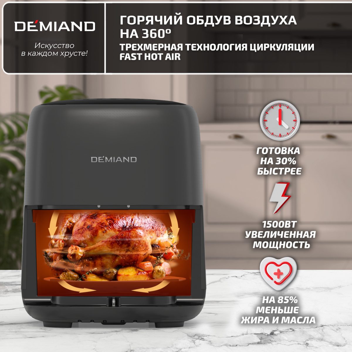 Аэрогриль DEMIAND TARVIN с Wi-Fi, управлением через приложение, с функциями фритюрницы, гриля, духовки, тостера, мини-печи, сенсорная панель управления, съемная решетка, визуальное окно, керамическое покрытие, 12 автоматических программ, разогрев, подсветка, книга рецептов, объем 4,5 литра, 1500Вт, DK-5200/Черный — изображение 14