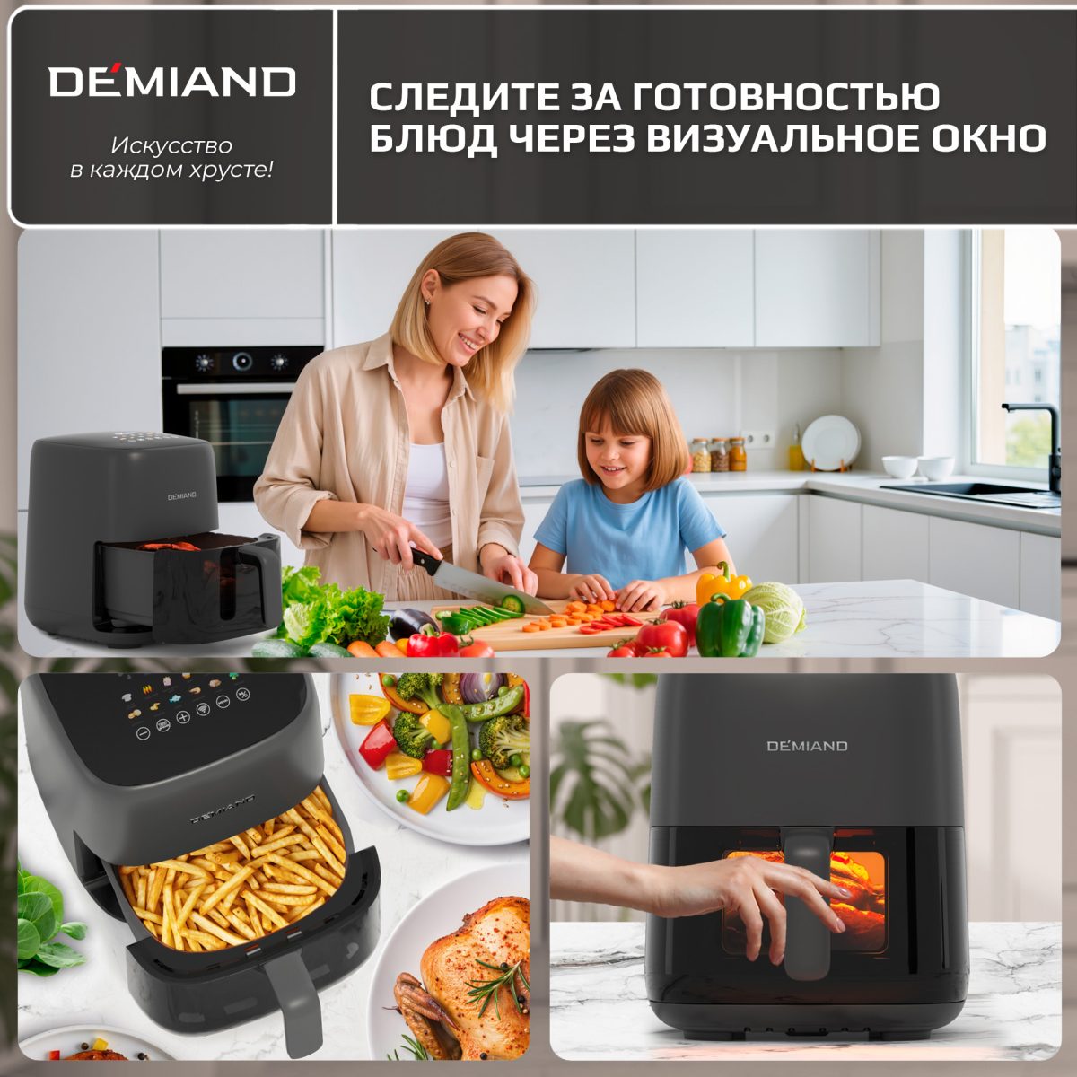 Аэрогриль DEMIAND TARVIN с Wi-Fi, управлением через приложение, с функциями фритюрницы, гриля, духовки, тостера, мини-печи, сенсорная панель управления, съемная решетка, визуальное окно, керамическое покрытие, 12 автоматических программ, разогрев, подсветка, книга рецептов, объем 4,5 литра, 1500Вт, DK-5200/Черный — изображение 16