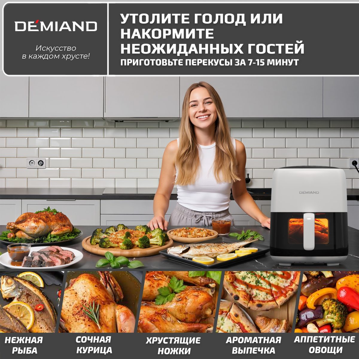 Аэрогриль DEMIAND TARVIN с Wi-Fi, управлением через приложение, с функциями фритюрницы, гриля, духовки, тостера, мини-печи, сенсорная панель управления, съемная решетка, визуальное окно, керамическое покрытие, 12 автоматических программ, разогрев, подсветка, книга рецептов, объем 4,5 литра, 1500Вт, DK-5200/Белый — изображение 16