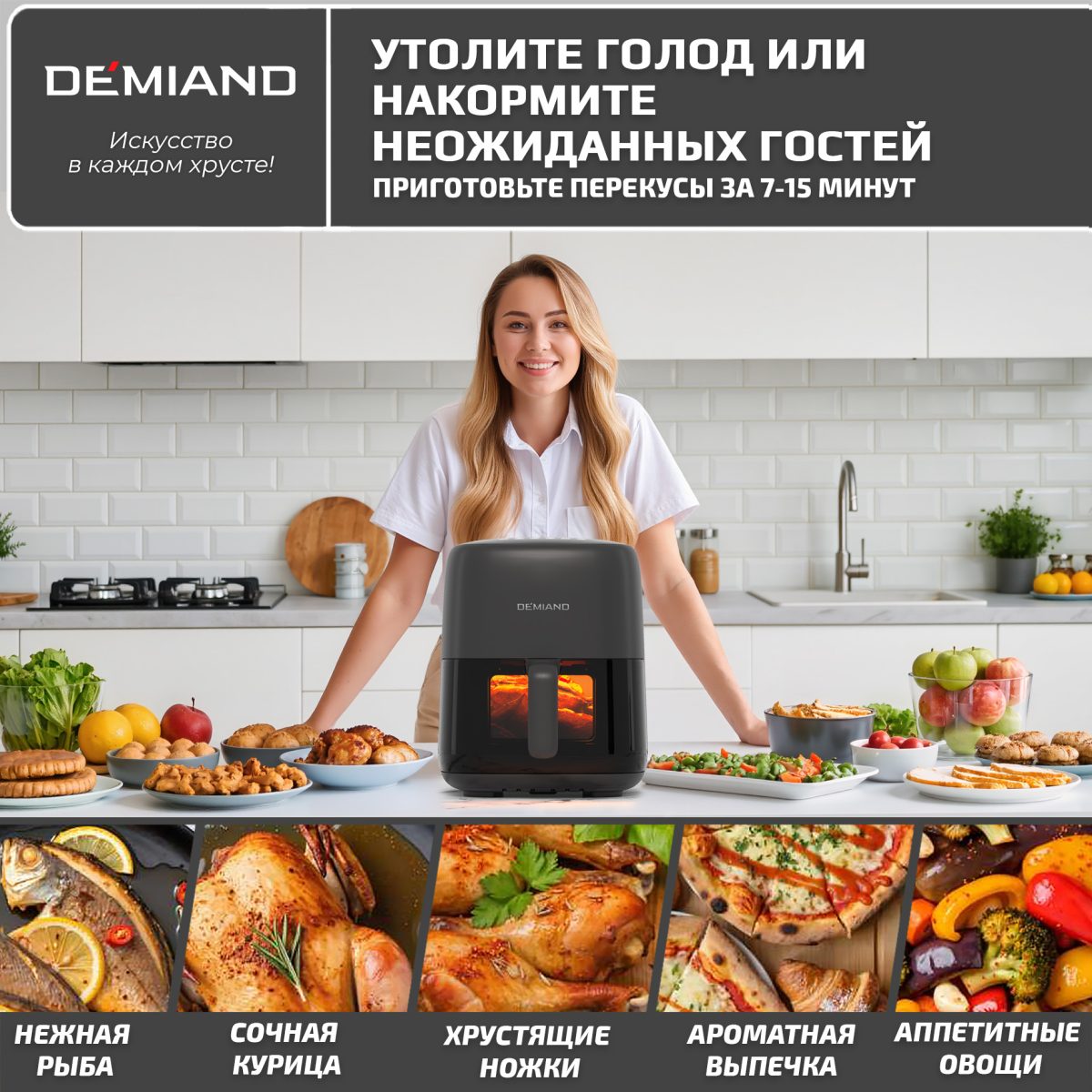 Аэрогриль DEMIAND TARVIN с Wi-Fi, управлением через приложение, с функциями фритюрницы, гриля, духовки, тостера, мини-печи, сенсорная панель управления, съемная решетка, визуальное окно, керамическое покрытие, 12 автоматических программ, разогрев, подсветка, книга рецептов, объем 4,5 литра, 1500Вт, DK-5200/Черный — изображение 17