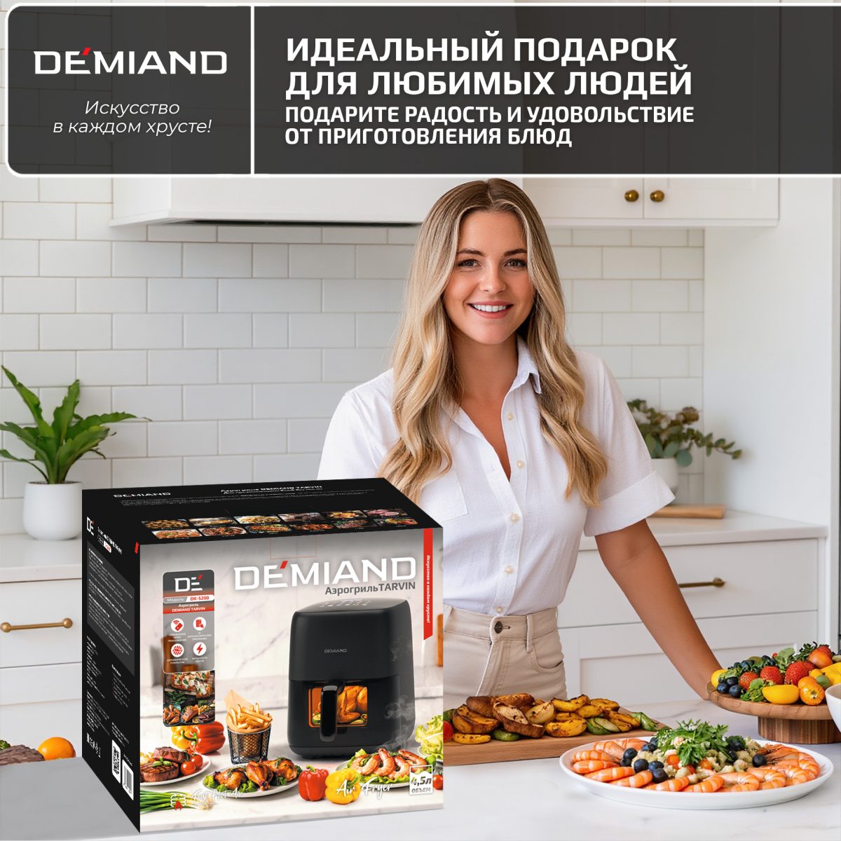 Аэрогриль DEMIAND TARVIN с Wi-Fi, управлением через приложение, с функциями фритюрницы, гриля, духовки, тостера, мини-печи, сенсорная панель управления, съемная решетка, визуальное окно, керамическое покрытие, 12 автоматических программ, разогрев, подсветка, книга рецептов, объем 4,5 литра, 1500Вт, DK-5200/Черный — изображение 23