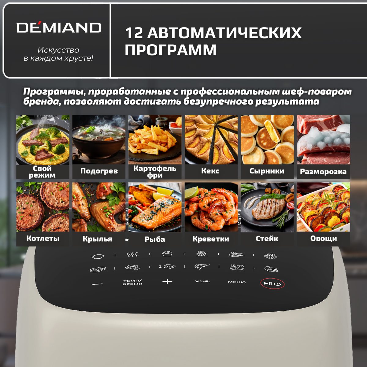 Аэрогриль DEMIAND TARVIN с Wi-Fi, управлением через приложение, с функциями фритюрницы, гриля, духовки, тостера, мини-печи, сенсорная панель управления, съемная решетка, визуальное окно, керамическое покрытие, 12 автоматических программ, разогрев, подсветка, книга рецептов, объем 4,5 литра, 1500Вт, DK-5200/Бежевый — изображение 8