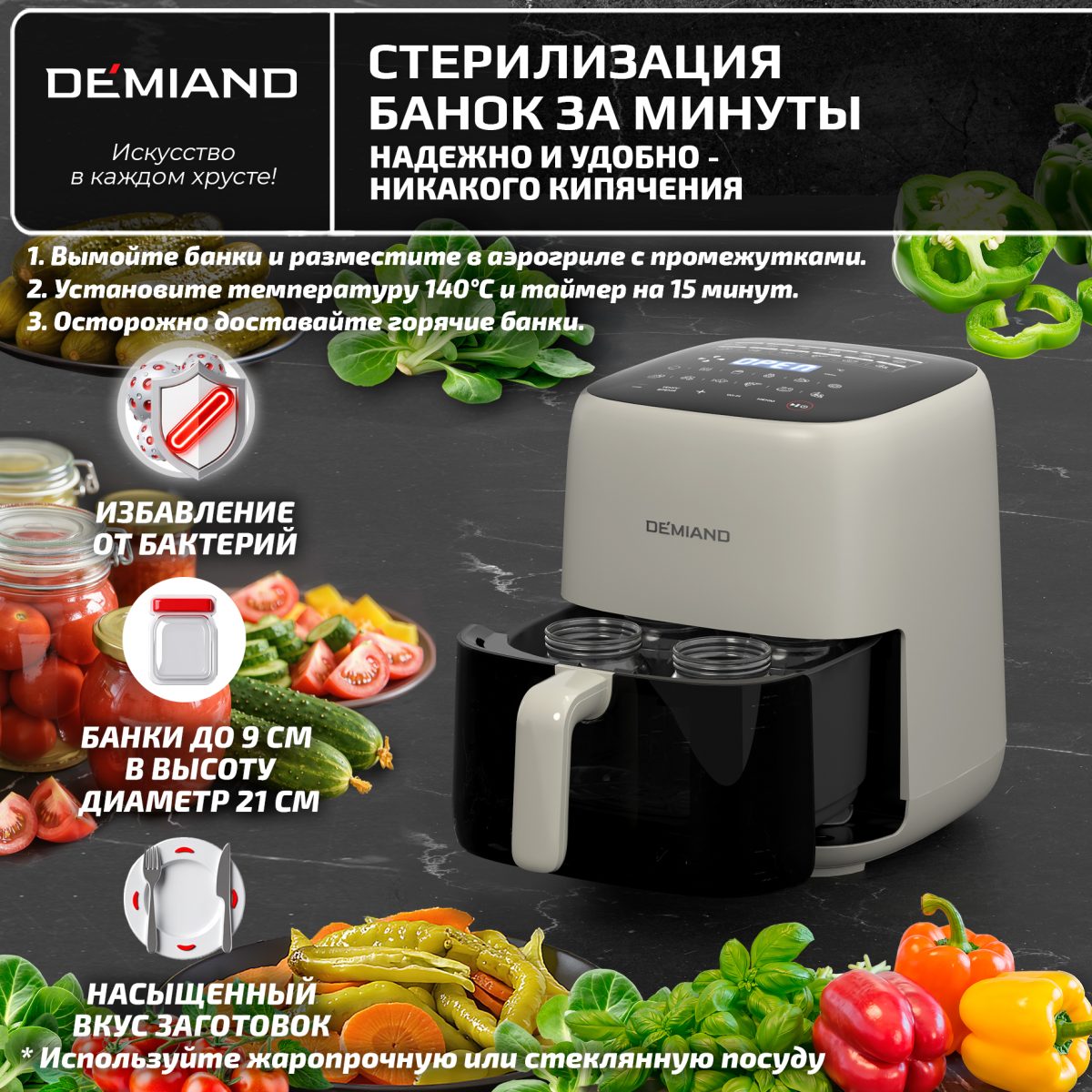 Аэрогриль DEMIAND TARVIN с Wi-Fi, управлением через приложение, с функциями фритюрницы, гриля, духовки, тостера, мини-печи, сенсорная панель управления, съемная решетка, визуальное окно, керамическое покрытие, 12 автоматических программ, разогрев, подсветка, книга рецептов, объем 4,5 литра, 1500Вт, DK-5200/Бежевый — изображение 13