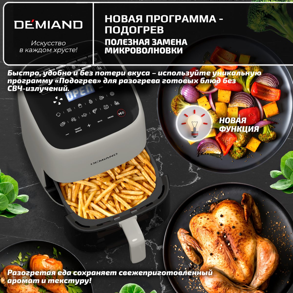 Аэрогриль DEMIAND TARVIN с Wi-Fi, управлением через приложение, с функциями фритюрницы, гриля, духовки, тостера, мини-печи, сенсорная панель управления, съемная решетка, визуальное окно, керамическое покрытие, 12 автоматических программ, разогрев, подсветка, книга рецептов, объем 4,5 литра, 1500Вт, DK-5200/Бежевый — изображение 14