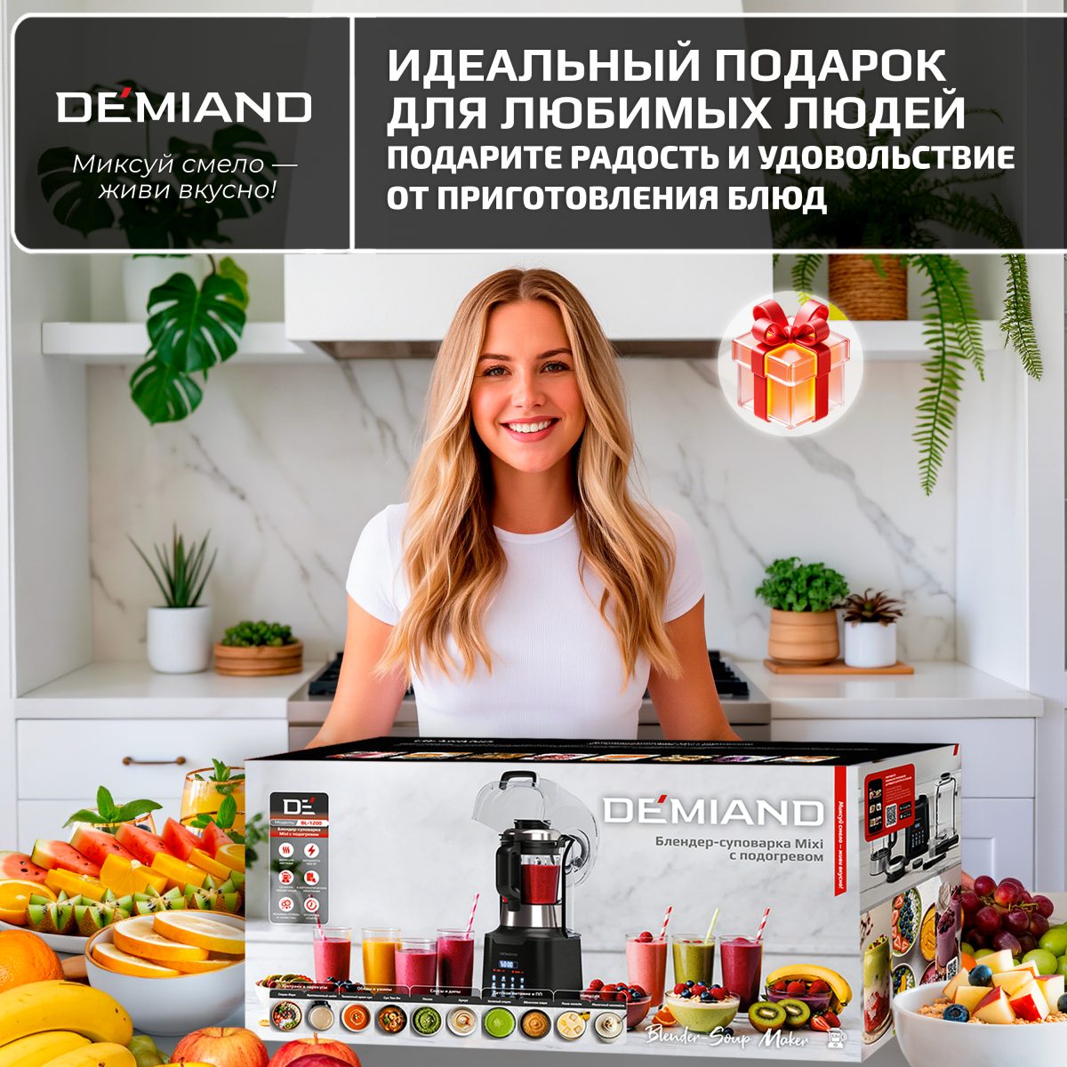 Блендер-суповарка DeMixi 7 в 1, с нагревом до 100°С; с технологией умного измельчения XBlade Ultra; со скоростью 27.000 оборотов/мин; с функцией приготовления супов, смузи, детского питания и колки льда; со стеклянной чашей на 1,5 л; шумоизоляционной крышкой до 60дБ; 6-лопастным ножом; функцией самоочистки; отложенным стартом до 12 часов;  системой безопасности Smart Lock; импульсным режимом; кулинарной книгой Lifestyle-гид 100+ рецептов; 1250Вт, BL-1200/Черный — изображение 15