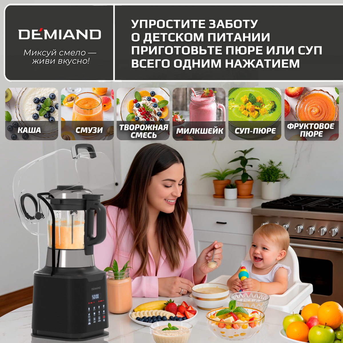 Блендер-суповарка DeMixi 7 в 1, с нагревом до 100°С; с технологией умного измельчения XBlade Ultra; со скоростью 27.000 оборотов/мин; с функцией приготовления супов, смузи, детского питания и колки льда; со стеклянной чашей на 1,5 л; шумоизоляционной крышкой до 60дБ; 6-лопастным ножом; функцией самоочистки; отложенным стартом до 12 часов;  системой безопасности Smart Lock; импульсным режимом; кулинарной книгой Lifestyle-гид 100+ рецептов; 1250Вт, BL-1200/Черный — изображение 16