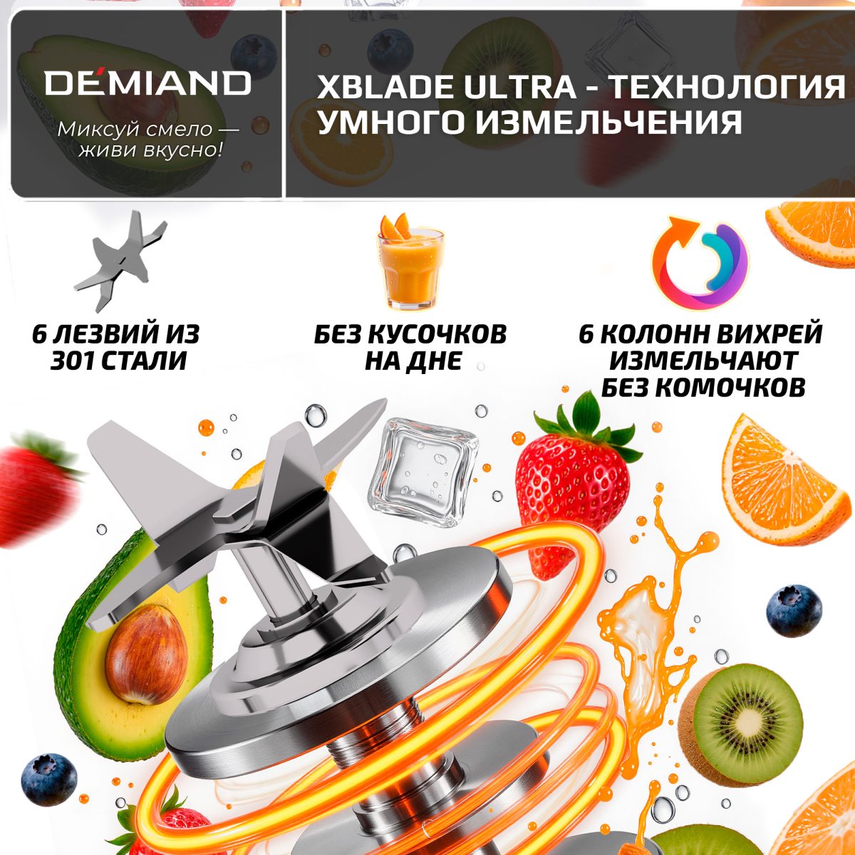 Блендер-суповарка DeMixi 7 в 1, с нагревом до 100°С; с технологией умного измельчения XBlade Ultra; со скоростью 27.000 оборотов/мин; с функцией приготовления супов, смузи, детского питания и колки льда; со стеклянной чашей на 1,5 л; шумоизоляционной крышкой до 60дБ; 6-лопастным ножом; функцией самоочистки; отложенным стартом до 12 часов;  системой безопасности Smart Lock; импульсным режимом; кулинарной книгой Lifestyle-гид 100+ рецептов; 1250Вт, BL-1200/Черный — изображение 17