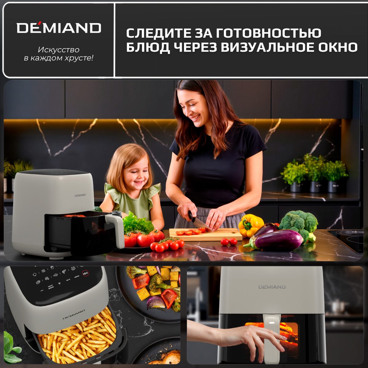 Аэрогриль DEMIAND TARVIN с Wi-Fi, управлением через приложение, с функциями фритюрницы, гриля, духовки, тостера, мини-печи, сенсорная панель управления, съемная решетка, визуальное окно, керамическое покрытие, 12 автоматических программ, разогрев, подсветка, книга рецептов, объем 4,5 литра, 1500Вт, DK-5200/Бежевый — изображение 17