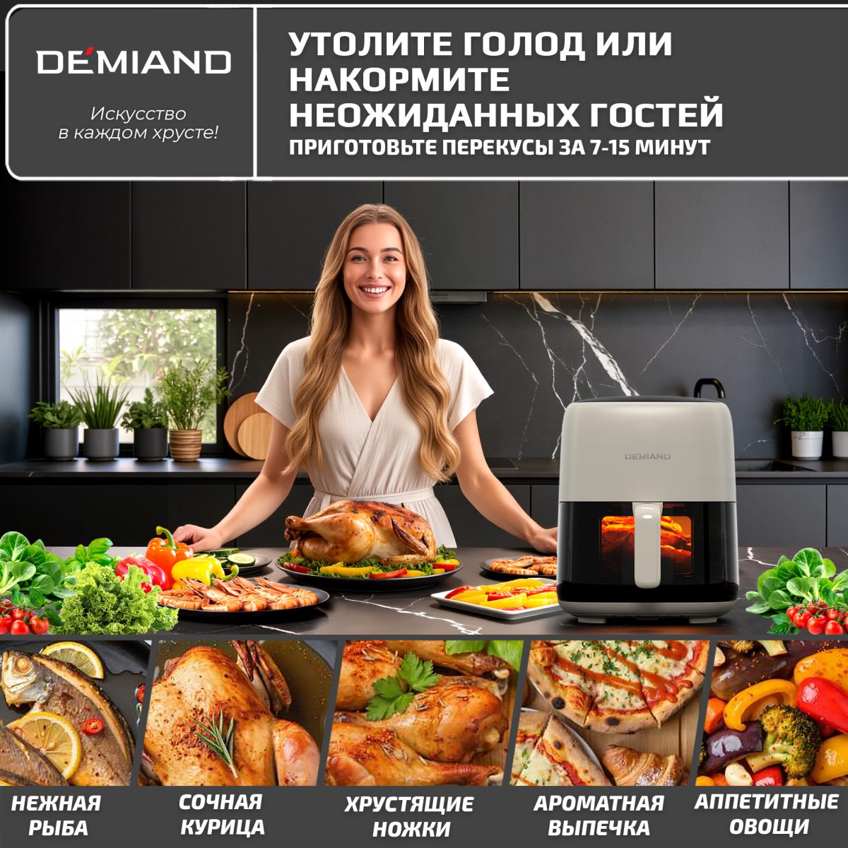 Аэрогриль DEMIAND TARVIN с Wi-Fi, управлением через приложение, с функциями фритюрницы, гриля, духовки, тостера, мини-печи, сенсорная панель управления, съемная решетка, визуальное окно, керамическое покрытие, 12 автоматических программ, разогрев, подсветка, книга рецептов, объем 4,5 литра, 1500Вт, DK-5200/Бежевый — изображение 18