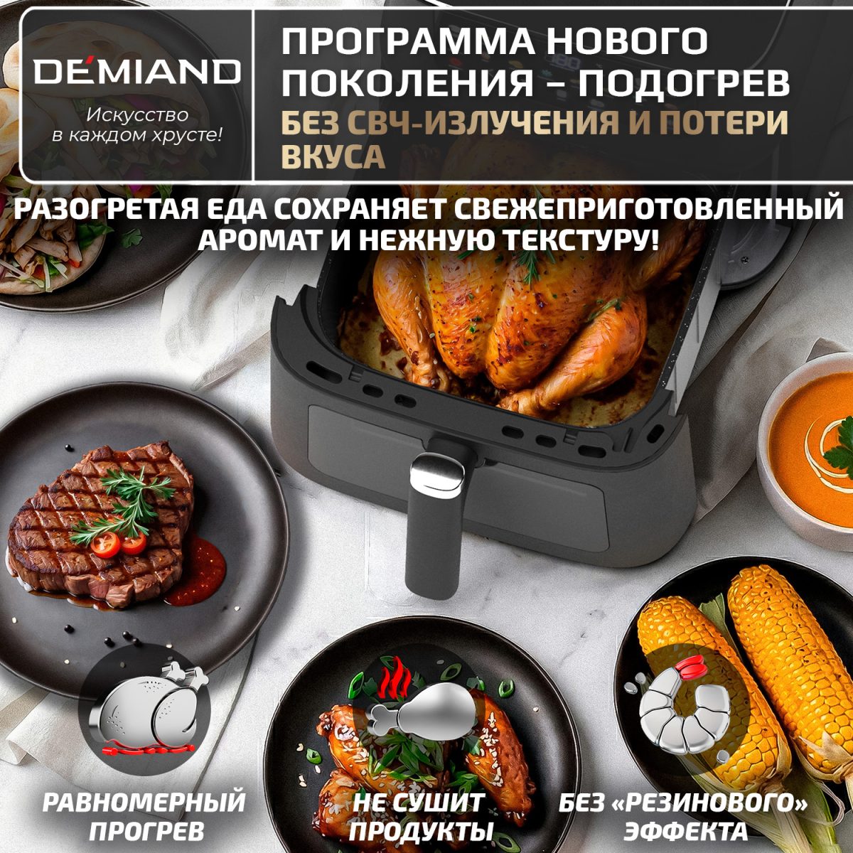 Аэрогриль DEMIAND Luneo с Wi-Fi и управлением через приложение;  с функциями фритюрницы, духовки и микроволновки без СВЧ-излучения — изображение 6