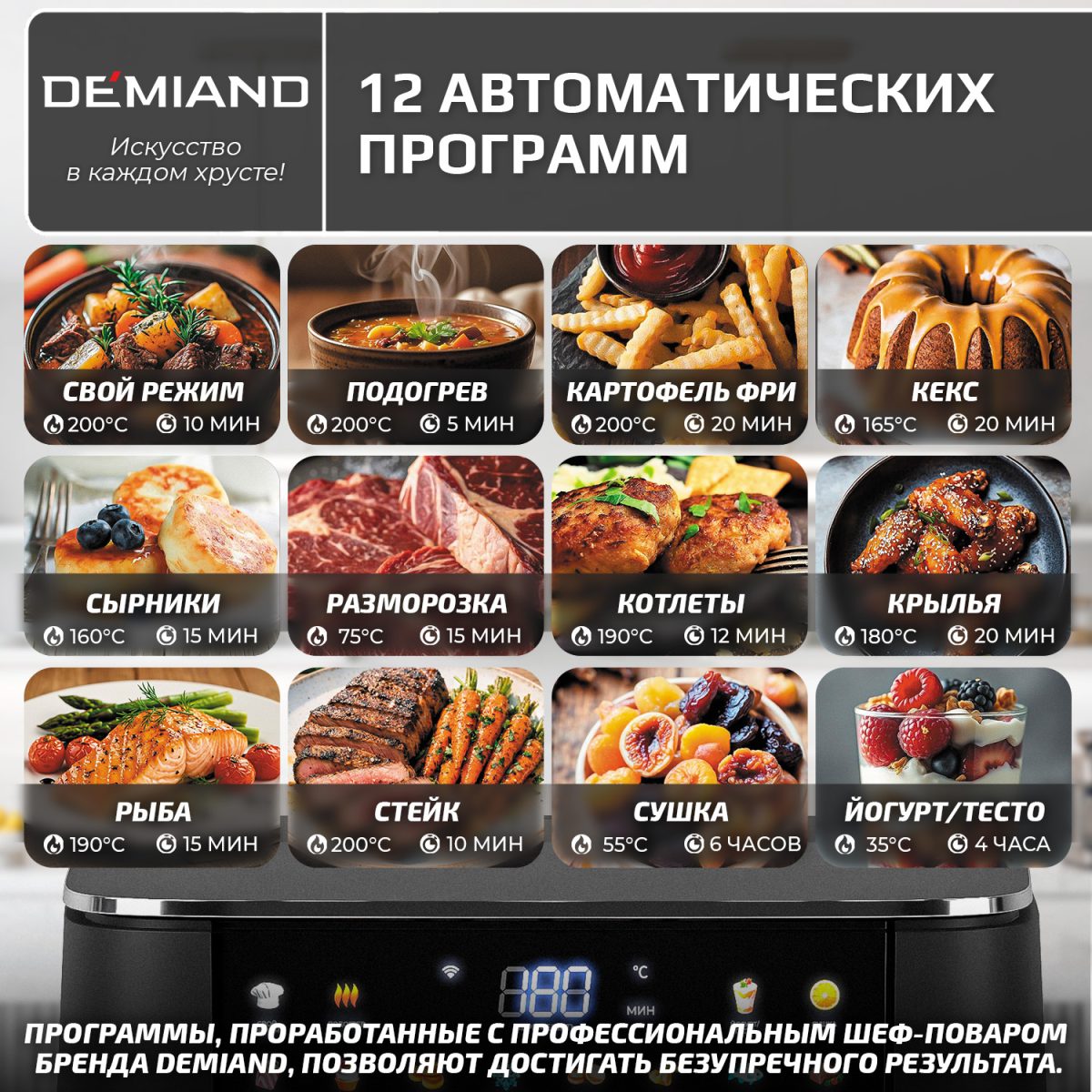 Аэрогриль DEMIAND Luneo с Wi-Fi и управлением через приложение;  с функциями фритюрницы, духовки и микроволновки без СВЧ-излучения — изображение 7