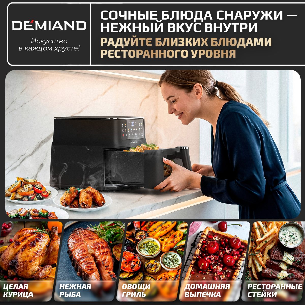 Аэрогриль DEMIAND Luneo с Wi-Fi и управлением через приложение;  с функциями фритюрницы, духовки и микроволновки без СВЧ-излучения — изображение 14